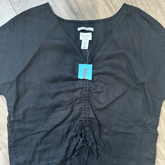 100% Black Linen Nicole Miller Black V-Neck Ruched Drawstring Top Shirt NWT - Picture 2 of 8